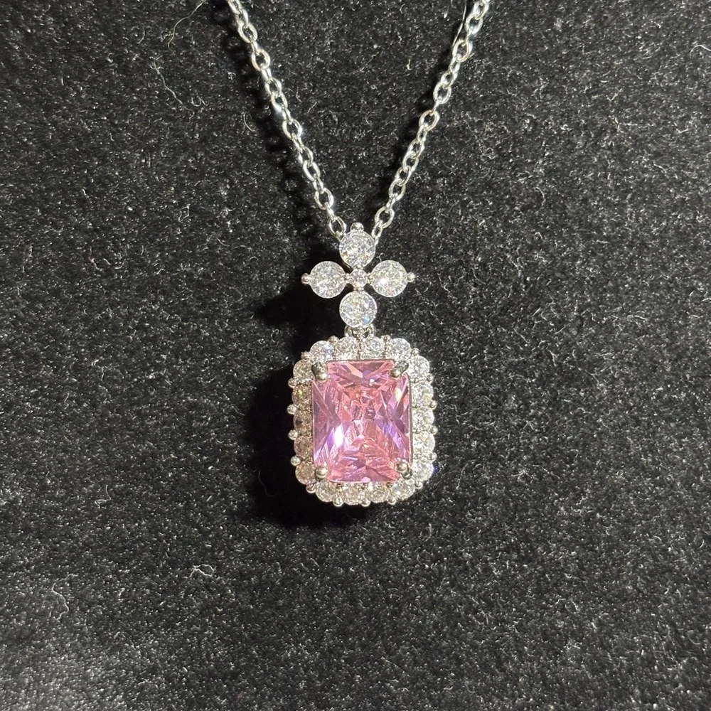 SILVER PINK CZ NECKLACE stainless steel chain. Charm is 18 carat over copper. - Picture 2 of 4